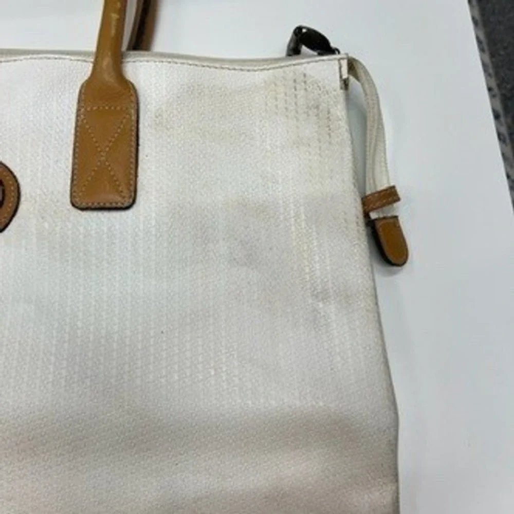 Ricardo Beverly Hills Vintage Tote Bag White Tan‎ Leather Trim Large Travel Zip
